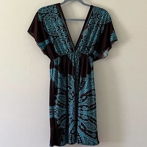 Modern Kiwi Plunging V Black and Teal Cover Up Dress Small